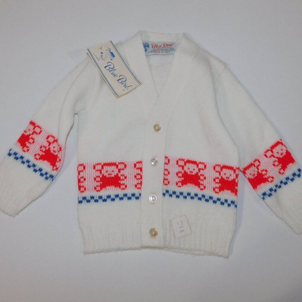 VTG Baby 12M Cardigan Sweater White Red Bear Monkey with Tag Blue Bird Knitwear